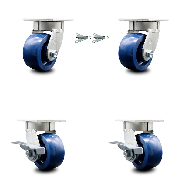 4 Inch Kingpinless Solid Poly Wheel Caster Swivel Locks 2 Brakes SCC, 2PK